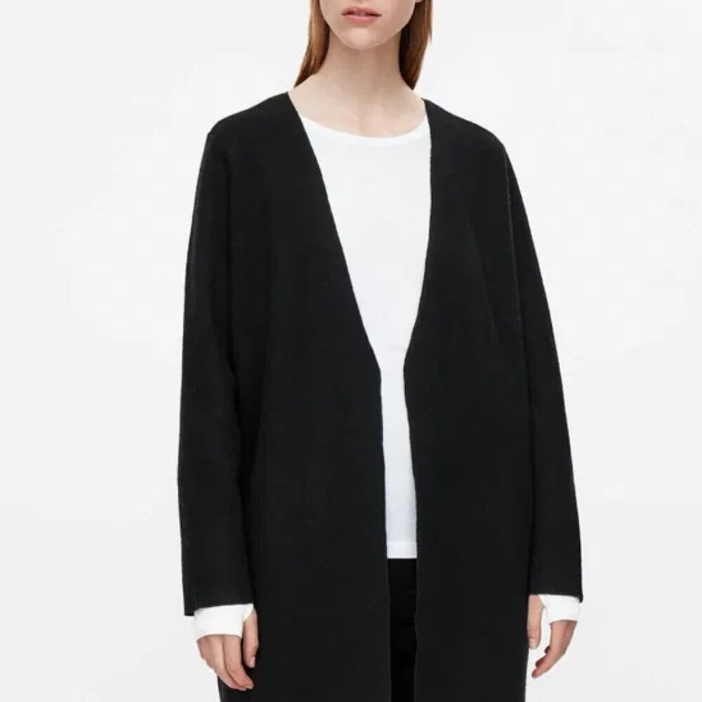 COS Longline Cardigan Women's XS Midnight Blue 100% Wool Open Front Coat-Sweater